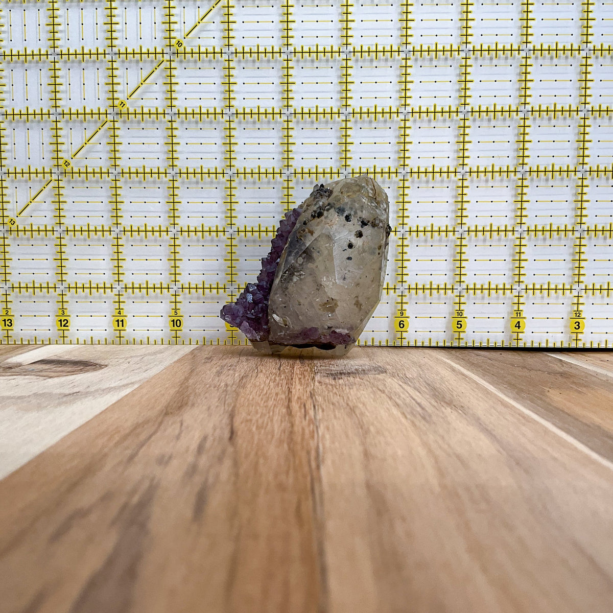 Off-white, Purple, and Black Calcite with Amethyst and Goethite Freeform