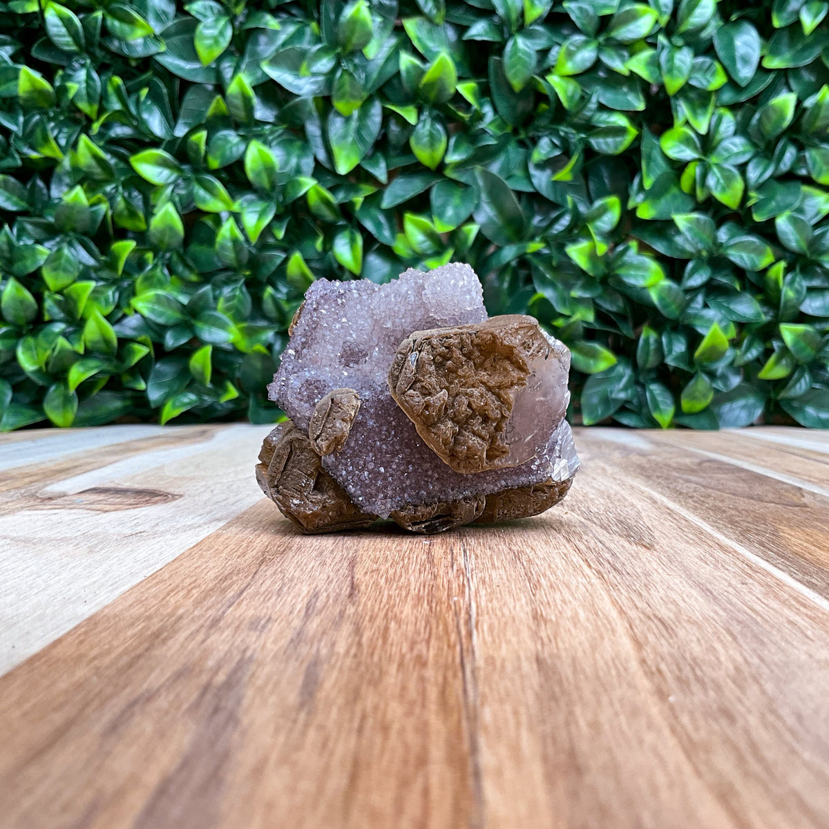 Brown, purple, and white Calcite with Amethyst Freeform