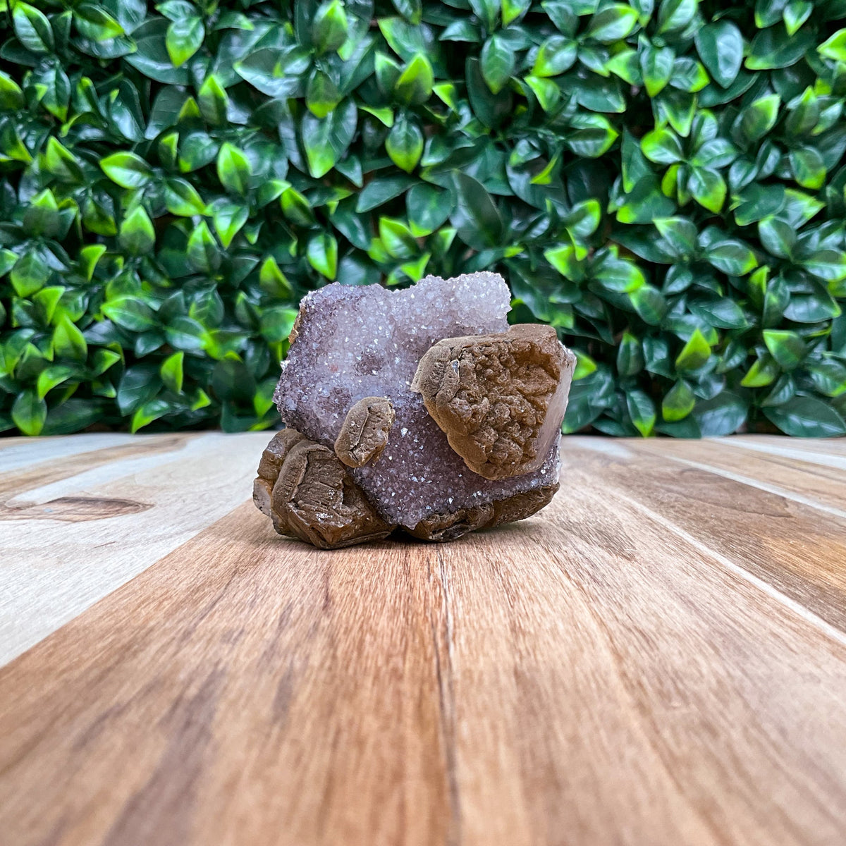 Brown, purple, and white Calcite with Amethyst Freeform